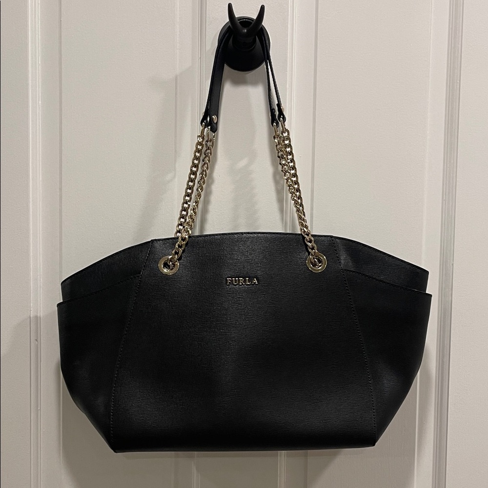 Furla Black Shoulder Bag with Gold Chain